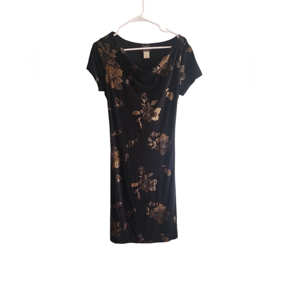 Teddi 90s Y2K Brown Black Floral Cowl Neck Sheath Midi Dress 10 - Picture 1 of 4